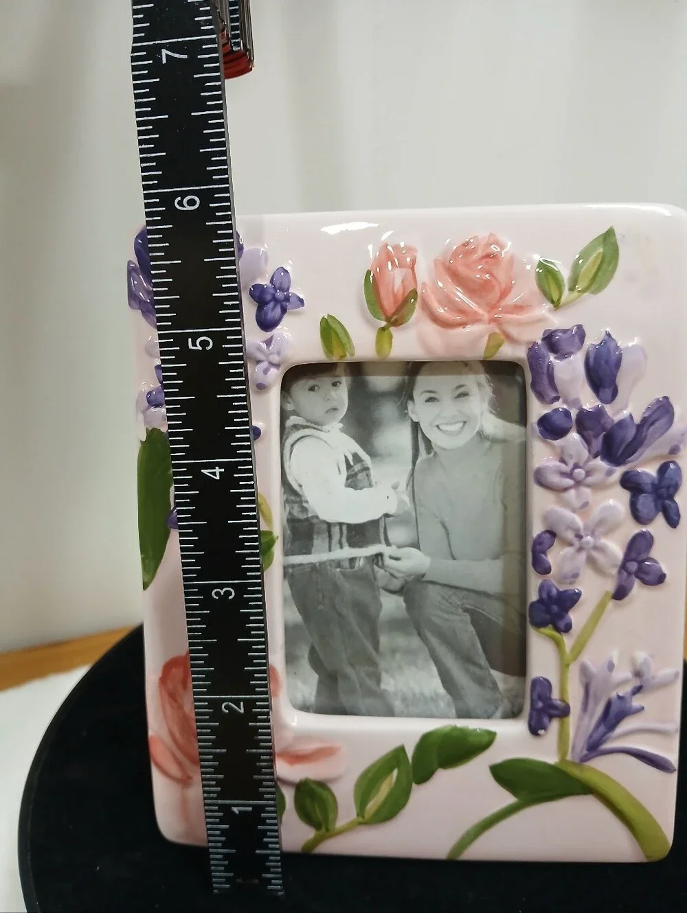 Floral Ceramic Picture Frame in Pink and Purple Holds 3x4 Picture